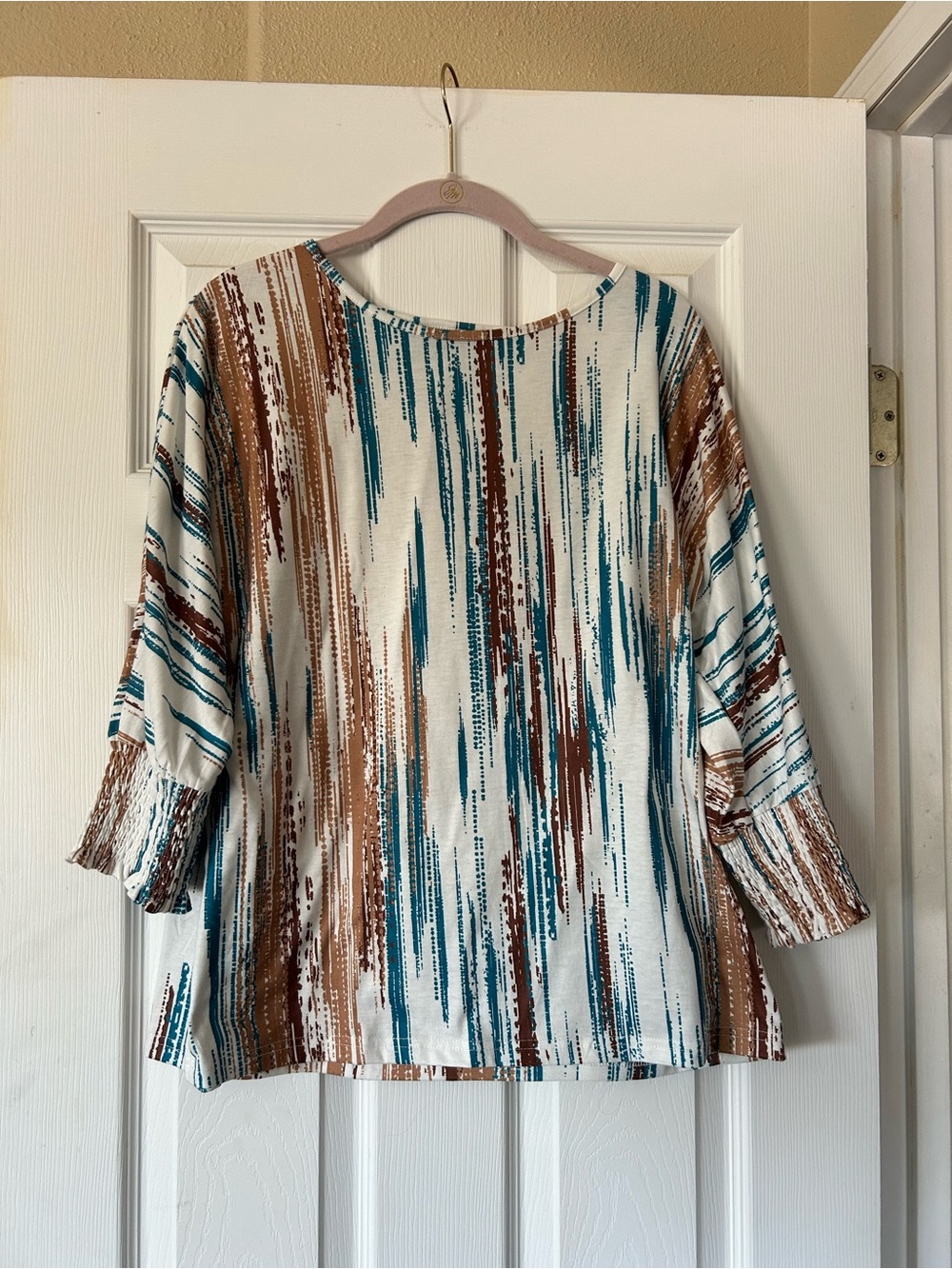 Relaxed Scoop Neck Blouse in Teal, Brown & Cream